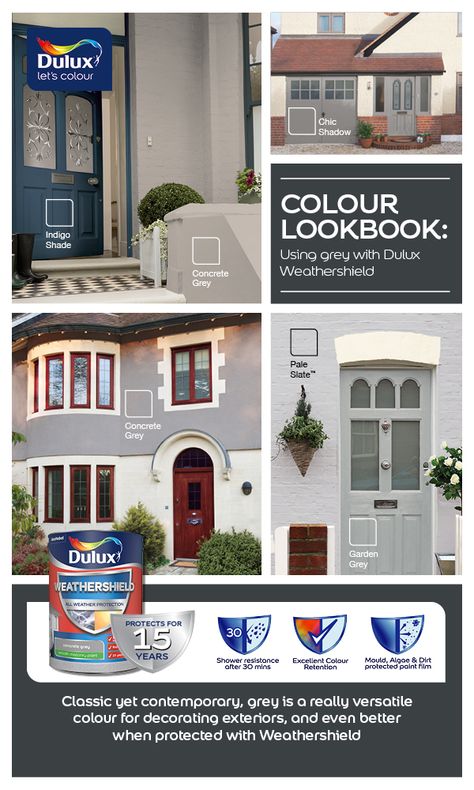 Colour Lookbook Weathershield Greys Dulux Weathershield Exterior Colours, Dulux Exterior Paint Colours, Exterior House Colours, Dulux Grey, Dulux Exterior Paint, Exterior Paint Combinations, Dulux Weathershield, Exterior Gray Paint, Victorian Homes Exterior