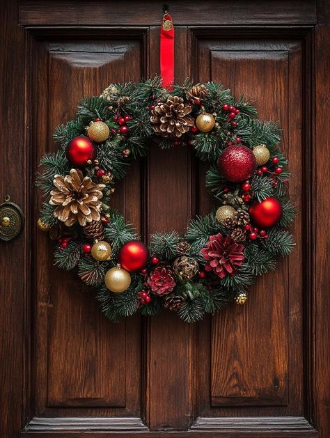 Transform your entryway with these stunning Christmas wreath ideas that welcome guests in style. Discover 30 unique designs featuring frost-tipped pine, sparkling baubles, and elegant bows. From minimalist modern looks to lush traditional arrangements, find inspiration for your perfect holiday wreath. Christmas Wreath Baubles, Christmas Wreath Traditional, Christmas Reef Ideas, Christmas Esthetics, Xmas Wreaths Ideas, Aesthetic Wreath, Christmas Reefs, Diy Fall Wreath Ideas, Modern Christmas Wreath