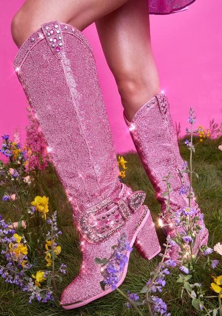 High Cowboy Boots, Princess Coquette, Knee High Cowboy Boots, Pink Cowboy Boots, Pink Cowgirl Boots, Dolls Kill Shoes, Pink Cowboy, Dr Shoes, Boot Bling