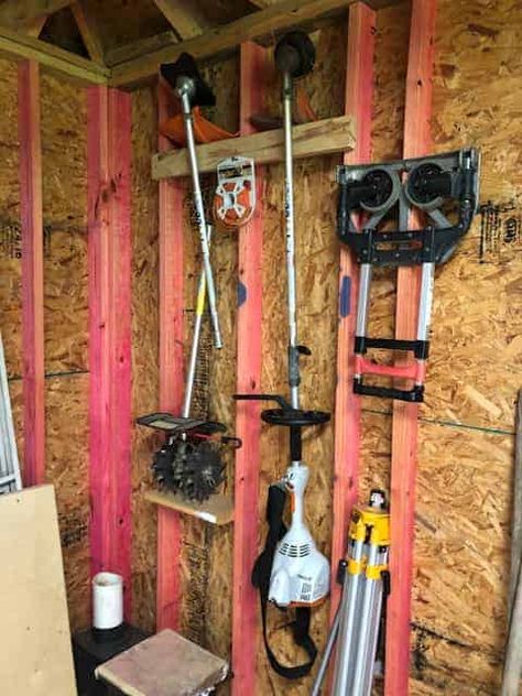 Hang Weedeater In Garage, Weedeater Storage Ideas, Vertical Vs Horizontal, Barn Organization, Organized Ideas, Organizing Tools, Storage Shed Organization, Shed Organization, Yard Tools