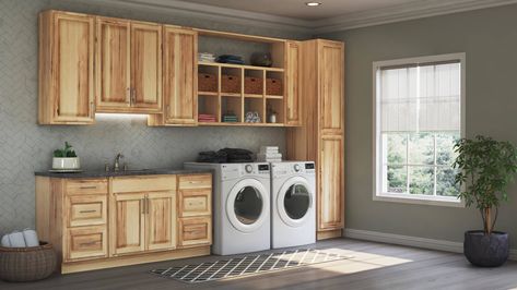 Hampton Wall Kitchen Cabinets in Natural Hickory – Kitchen – The Home Depot Shaker Laundry, Ada Sink, Kitchen Shaker, Hickory Kitchen, Shaker Wall, Shaker Door Styles, Apron Front Sink, Kitchen Wall Cabinets, Laundry Room Renovation