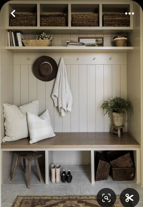 Front Entry Built In, French Country Mudroom Ideas, Boho Mudroom Entryway, Closet Entryway Ideas, Closet Cubby Ideas, Mudroom Small Space, Front Door Mudroom Entryway, Entry Closet Mudroom, Cute Mudroom