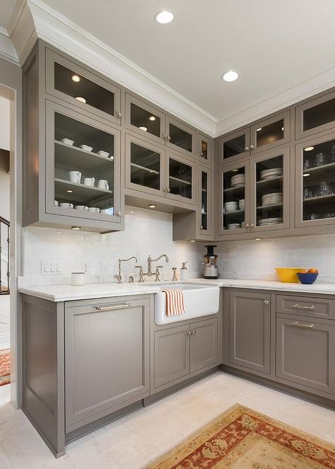 Taupe Kitchen Cabinets, Grey Painted Kitchen, Taupe Kitchen, Kitchen Cabinet Color Ideas, Painted Kitchen Cabinets Colors, Cabinet Paint, Kabinet Dapur, Gray Cabinets, Farmhouse Kitchen Cabinets