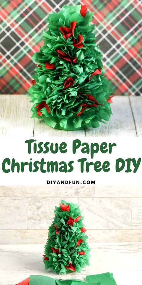 Tissue Paper Christmas Tree DIY, a simple Christmas Holiday DIY craft project for making a Christmas tree using tissue paper. Paper Christmas Tree Diy, Making A Christmas Tree, Tissue Paper Trees, Christmas Tree Ornament Crafts, Handprint Christmas Tree, Easy Christmas Tree, Christmas Diy Kids, Cardboard Christmas Tree, Kids Christmas Crafts Easy