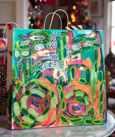 Painted Gift Bags - Aunt Peaches Painted Gift Bags, Amanda Evanston, Aunt Peaches, Paper Bag Crafts, Decorated Gift Bags, Leftover Paint, Painted Bags, Cadeau Diy, Art Bag