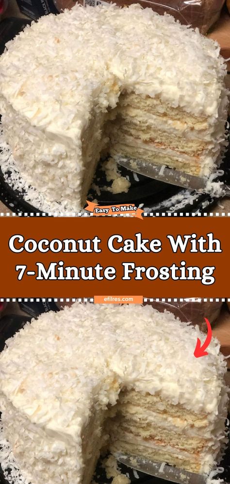 Celebrate any occasion with the light and fluffy Coconut Cake with 7-Minute Frosting, a classic dessert that's as beautiful as it is delicious. Each layer of this tender cake is infused with the sweet aroma of coconut, then frosted with a light, marshmallow-like frosting that's a joy to eat. It's a piece of tropical paradise on a plate, perfect for birthdays, holidays, or whenever you need a little bit of sweetness in your life. #CoconutDream #FluffyFrosting #CelebrationCake Coconut Cake Frosting, Homemade Coconut Cake, Seven Minute Frosting, 7 Minute Frosting, Coconut Icing, Coconut Frosting, Recipes Baking, Frosting Recipe, Cake Icing