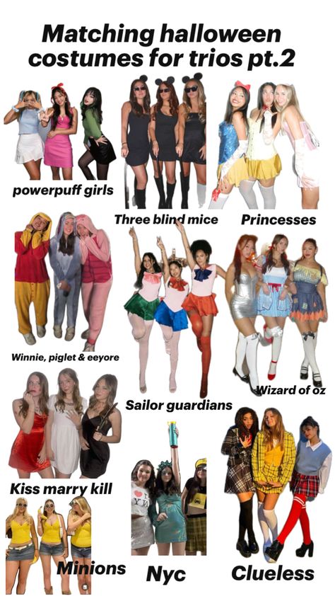 Halloween costumes trios friends fyp 3 Bff Halloween Costumes, 3 Group Costume Ideas, Costume For 3 Girls Friends, Trio World Book Day Costumes, Halloween Costumes Ideas For Trio, Trio Character Costumes, Halloween Costumes For 3 Girls Teens, Cool Group Costumes, Cute 3 People Halloween Costumes