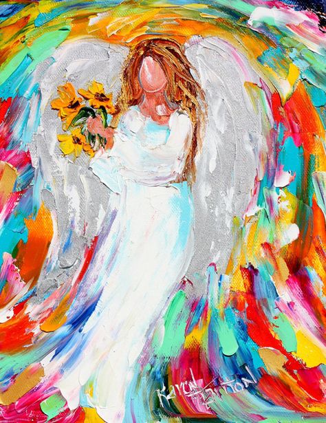 Original oil painting Angel and Sunflowers by Karensfineart Tupelo Honey, Paper Angel, Angel Print, Angel Painting, Sunflower Print, Stonehenge, Angel Art, Fine Art Photo, Art Business