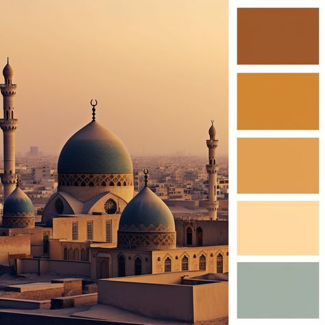 Embrace the boho chic allure of a dusty Cairo near sunset with a captivating color palette. Infuse warmth and exotic charm into your space. #BohoColors #SunsetInspiration Sahara Color Palette, Middle East Color Palette, Middle Eastern Color Palette, Egypt Color Palette, Arabic Color Palette, Exotic Color Palette, Islamic Color Palette, India Color Palette, Architecture Color Palette