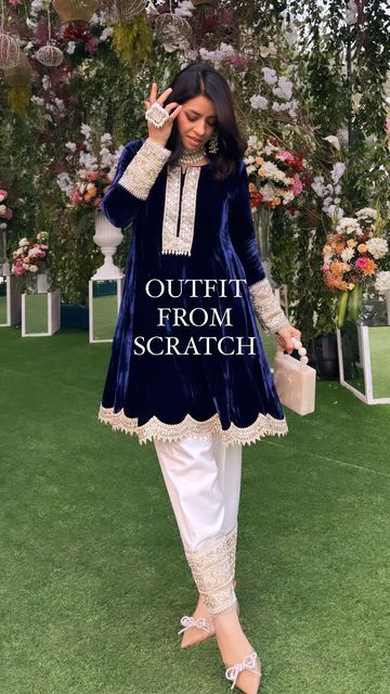 Eid Outfit From Scratch, Plachi Velvet Dress Design, Outfit From Scratch Ideas, Scratch Outfit Ideas, Outfit From Scratch Indian, Outfit From Scratch, Dress From Scratch, Lace Designs On Suits, Velvet Frock