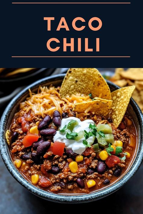 Ingredients 1 lb ground beef 1 onion, chopped 2 cloves garlic, minced... Ground Beef Taco Bowls, Ground Beef Chili Recipe, Taco Chili Recipe, Bowl Of Chili, Taco Chili, Ground Beef Tacos, Chili Bowl, Tacos Beef, Fun Easy Recipes