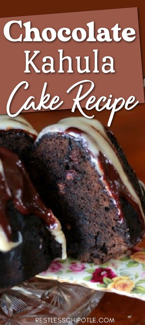 Chocolate bundt cake topped with chocolate and white chocolate frosting with Pinterest overlay. Kaluha Cake, Kahlua Chocolate Cake, Kahula Cake, Chocolate Kahlua Cake, Mayan Chocolate, Too Much Chocolate Cake, Mexican Chocolate Cake, Kahlua Cake, Chocolate And Coffee