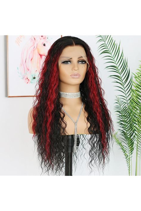 ANDRIA Black and Red Skunk Stripe Highlight Deep Curly Lace Front Wigs Synthetic Heat Resistant Fiber Hair Glueless Lace Wig Colorful Lace Front Wigs for Black Women 24 Inches Red Skunk Stripe, Colorful Lace Front Wigs, Skunk Stripe, Wigs Synthetic, Curly Lace Front Wigs, Deep Curly, Synthetic Lace Front Wigs, Womens Wigs, Wigs For Black Women