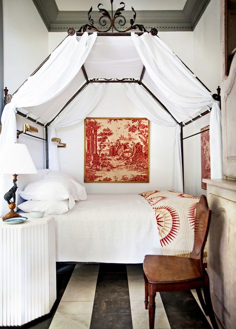 If this space were our guest bedroom for a weekend, we might never leave. With an iron canopy bed, sophisticated toile, and classic antique furniture, it’s the epitome of European elegance. Iron Canopy Bed, Small Bedroom Designs, Dreamy Bedrooms, Tiny Bedroom, Canopy Bed, Beautiful Bedrooms, Dream Bedroom, My New Room, Small Bedroom