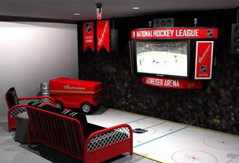 Get Stick With These 10 Epic Hockey Man Cave Ideas – Man Cave Know How Hockey Themed Room, Hockey Man Cave, Hockey Room Decor, Best Man Caves, Boy Sports Bedroom, Hockey Room, Teenager Bedroom Boy, Diy Events, Coffee Table Plans