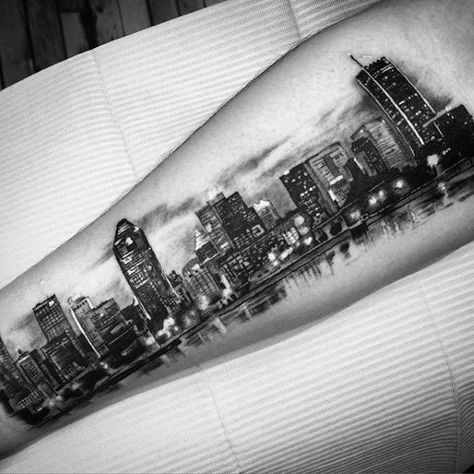 Architecture Tattoos City Scape Tattoo, Ny Skyline Tattoo, Building Tattoo, Bridge Tattoo, Skyline Tattoo, Chicago Tattoo, Ny Skyline, Tattoo Moon, City Tattoo