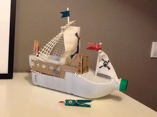 Barco pirata con material reciclado Boat Crafts, Recycled Crafts Kids, Boat Projects, Hand Crafts For Kids, Plastic Bottle Crafts, Plastic Crafts, Diy Bottle, Childrens Crafts, Cardboard Crafts