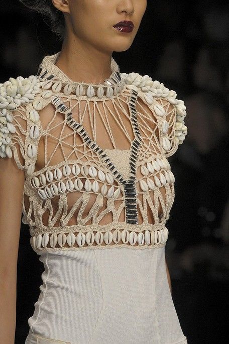 sass & bide shells 2010 Fashion Trends, 2010 Fashion, Macrame Dress, Traditional Wedding Dresses, Festival Looks, Cowrie Shell, Embroidery Fashion, Fabric Jewelry, Crochet Fashion