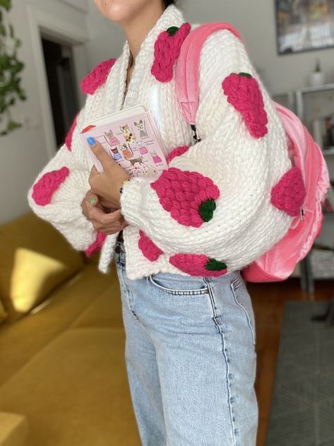 Strawberry Jacket, Cardigan Aesthetic, White Cropped Sweater, Cardigans Sweater, Crochet Sweater Design, Balloon Sleeve Cardigan, Knit Cardigan Pattern, The Cardigans, Cardigan Knitted