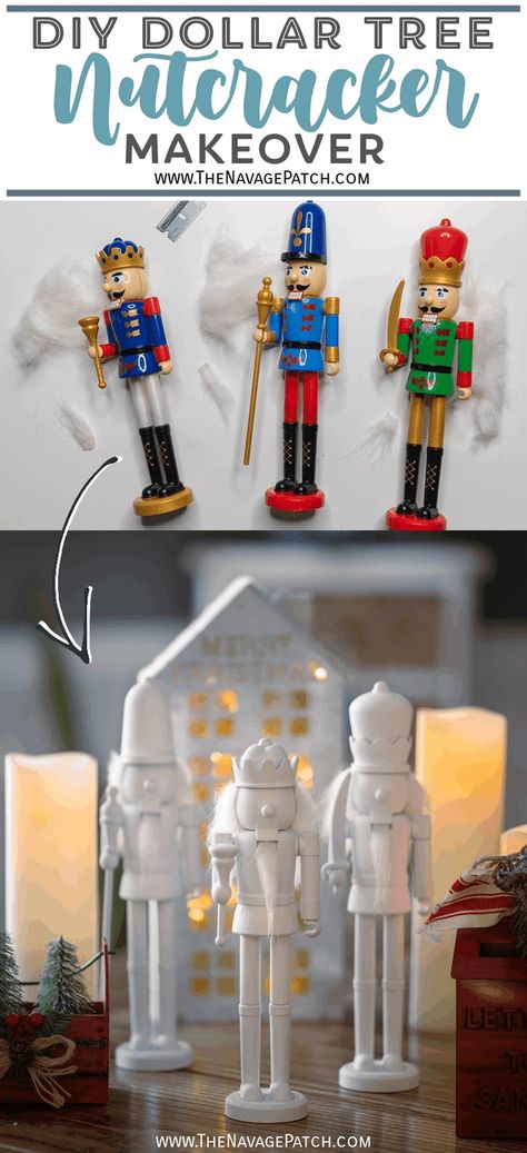 DIY Dollar Tree Snow-white Nutcrackers - West Elm Inspired | DIY West Elm knockoff white nutcrackers | How to spray paint nutcrackers | How to spray paint light objects | DIY Dollar Tree nutcracker makeover | Easy DIY Dollar Tree Christmas decor| #TheNavagePatch #DIYChristmas #EasyDIY #DIYChristmasCrafts #DollarStore #DollarStoreCrafts #DollarTreeDIY #WestElm #Knockoff | TheNavagePatch.com Dollar Tree Nutcracker Makeover, Nutcracker Upcycle, Painting Nutcrackers Diy, Diy White Christmas Decor, Dollar Tree Nutcracker Diy, Decorating With Nutcrackers, Dollar Tree Nutcracker, White Nutcracker Christmas, Painted Nutcracker Diy