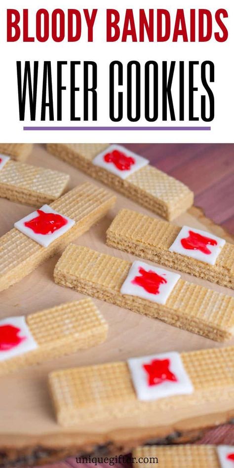 Bloody Bandaid Cookies | Halloween Cookies | Wafer Cookies | Fondant Cookies | Halloween Cookie Inspiration | Halloween Cookie Ideas | #halloween #cookie #baking #wafer #fondant Band Aid Cookies, Halloween Wafer Cookies, Halloween Cookie Ideas Easy, Halloween Cookie Ideas, Easy Halloween Cookies, Cookies Halloween, Sweet Roll Recipe, Blog Success, Halloween Foods