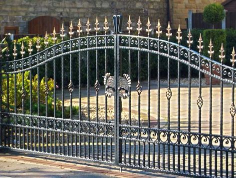 Our wrought iron component range enables metalworkers, blacksmiths, fabricators or anyone involved in the supply of gates, railings or decorative ironwork, to create high quality wrought iron products at low cost.  #fencing #railing #gates #security #railings #iron #fence #gate Big Gate Design, Entrance Gates Driveway, Wrought Iron Gate Designs, Iron Fence Gate, Home Window Grill Design, Iron Garden Gates, House Front Door Design, Gates And Railings, Grill Gate Design