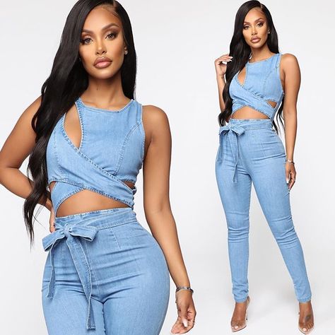 Blue Jean Jumpsuit Outfits, Jean Jumpsuit Outfit, Blue Jean Jumpsuit, Jean Jumpsuit, Jumpsuit Outfits, Camo Fashion, Belted Midi Dress, Fashion Nova Models, Instagram Outfits