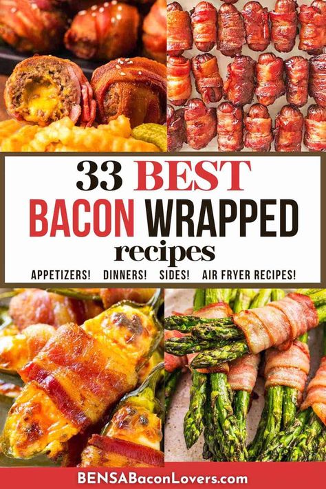 Best recipes for bacon wrapped smokies, chicken, asparagus, dates, jalapenos, pork tenderloin, scallops, green beans, water chestnuts and much more. Bacon makes everything better! Appetizer Bacon Wrapped, Bacon Wrapped Appetizer Recipes, Bacon Wrap Appetizers, Bacon Wrapped Dinner Ideas, Snacks With Bacon, Bacon Wrapped Food Ideas, Bacon Wrapped Ideas, Bacon Wrapped Veggies, Low Carb Bacon Recipes