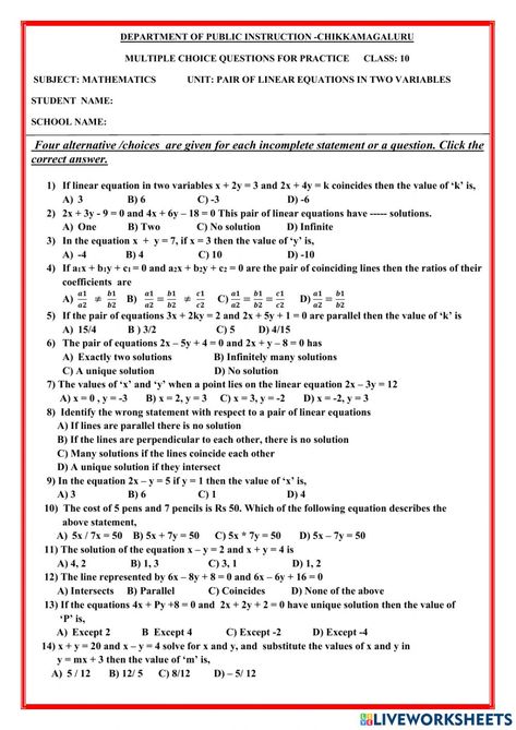 Linear Equations In Two Variables, Time To The Hour, Math Interactive, Algebra Worksheets, Linear Equations, First Language, Math Worksheet, Sixth Grade, School Subjects