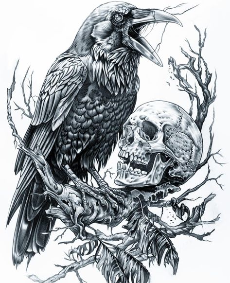 Black Crow Tattoos, Graveyard Tattoo, Rabe Tattoo, Mexican Art Tattoos, Last Kingdom, Tattoo Vector, Crow Tattoo, Crow Bird, Halloween Tattoo