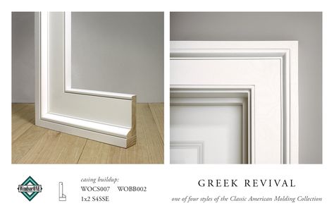 WindsorONE Greek Revival Casing, (build up of WOCS007, WOBB002, 1x2 S4SSE) part of the Classic American Molding Collection Interior Door Trim, Baseboard Trim, House Trim, Window Casing, Door Casing, Door Inspiration, 19th Century Style, Colonial Revival, Greek Revival