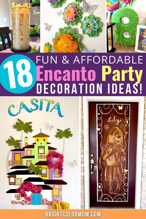 collage of DIY Encanto decorations with text that says "18 fun & affordable Encanto party decoration ideas!" Encanto Decorations Diy, Encanto Birthday Diy, Encanto Party Ideas Diy, Simple Encanto Birthday Decor, Encanto Diy Party Decorations, Encanto 1st Birthday Party Ideas, Encanto Door Diy, Encanto Birthday Party Diy, Encanto Birthday Party Ideas Diy