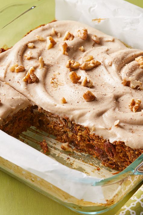 Perfectly moist and studded with raisins, this vegan carrot cake is sweetened with dates and banana and gets its rich flavor from cinnamon, nutmeg, cloves, and vanilla. A blender is used to grind the oats into a flour and combine the liquid ingredients, then the batter is mixed by hand to avoid overbeating. No need to peel the carrots before shredding them—just give them a quick wash to remove any dirt or grit. The cake will keep for up to 5 days and tastes even better the day after it’s made. Vegan Carrot Cake, Vegan Carrot Cakes, Carrot Cake Recipe, Vegan Treats, Vegan Cake, Vegan Sweets, Savoury Cake, Food Cakes, Vegan Baking