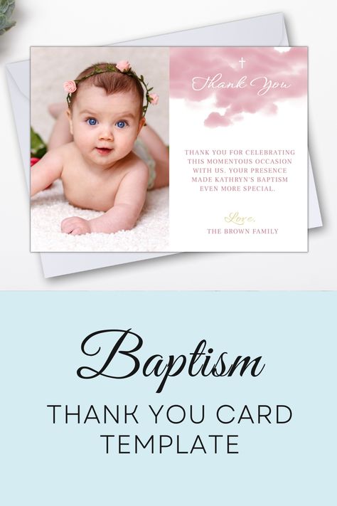 Baptism Thank You Card Template, Editable Christening Thank You Card with Photo, Printable First Communion Thank You Card, Pink Christening Thank You Cards, Baptism Thank You Cards, Card With Photo, Purple Watercolor, Thank You Card Template, Thank You For Coming, Pastel Purple, Instant Download Printable, First Communion