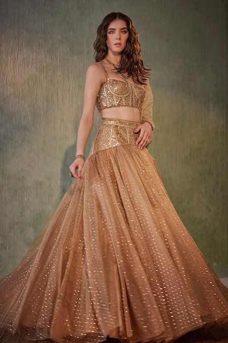 Buy Beige Organza Embroidered Hand Sequin And Pearl Embellished Bridal Lehenga Set For Women by Cedar & Pine Online at Aza Fashions. Wedding Outfits Indian Sisters, Wedding Outfits Indian, Tulle Corset, Lehenga Pattern, Organza Lehenga, Lehenga Designs Simple, Padded Blouse, Indian Bridal Outfits, Embroidered Tulle