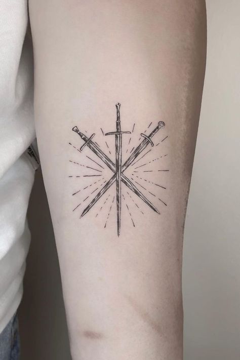 2 Swords Tattoo, Fine Line Dagger Tattoo, 3 Swords Tattoo, Three Swords Tattoo Design, Three Swords Tattoo, Fine Line Tattoo Men, 3 Of Swords Tattoo, Ikigai Tattoo, Spqr Tattoo