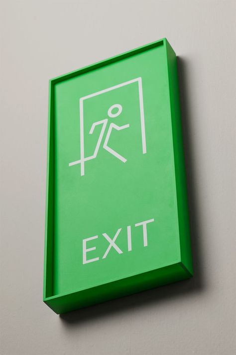 Emergency exit sign in matte painted acrylic and UV printed. Emergency Exit Signs, Room Signage, Food Logo Design Inspiration, Wayfinding Signage Design, Office Signage, Sign System, Wayfinding Design, Interior Signs, Exit Sign