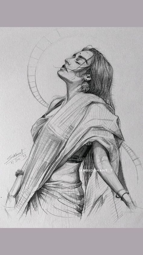 Drawing And Sketching Ideas, Women Sketches Pencil, Rapid Sketches Of Human, Indian Women Sketch, Women Figure Sketch, Indian Girl Drawing, Woman Pencil Sketch, Pen Sketches Aesthetic, Beautiful Pencil Sketches