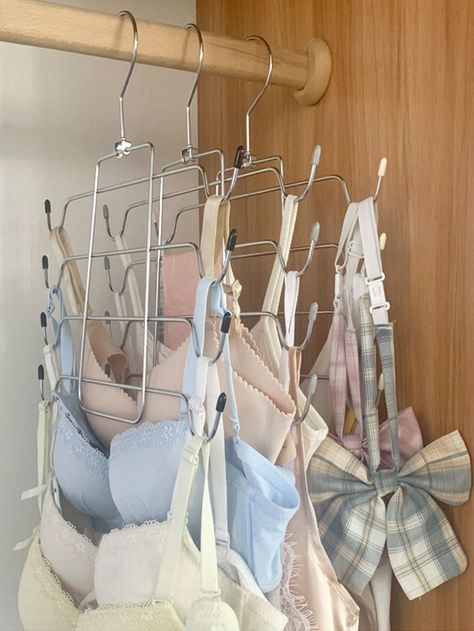 Silver    Iron  Hanger Embellished   Storage & Organization Hangers Aesthetic, Hanger Storage Ideas, Hangers Organization, Hanger Aesthetic, Handbag Storage Ideas, Camp Storage, Dorm Closet Organization, Tank Top Hanger, Black Room Decor