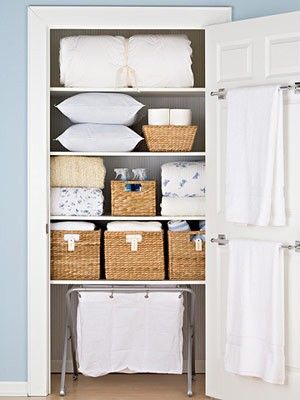 Linen Closet. Love Closet Organisation, Airing Cupboard, Bathroom Closet Organization, Organizing Linens, Linen Cupboard, Bath Organization, Linen Closet Organization, Bathroom Closet, Cleaning Closet