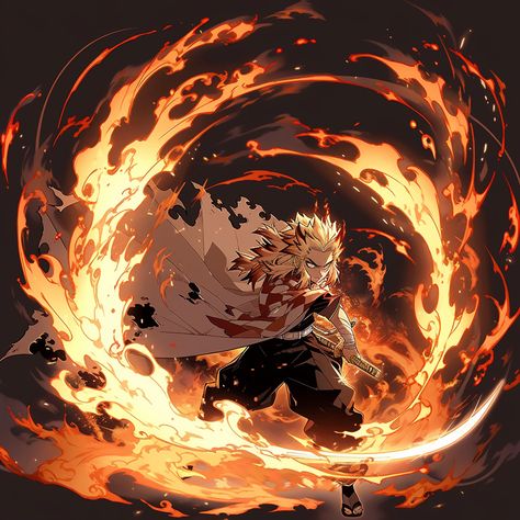 Demon Rengoku Fanart, Kyojuro Rengoku Aesthetic, Rengoku Fire Breathing, Demon Slayer Concept Art, Anime Fire Background, Flame Breathing Demon Slayer, Demon Slayer Fire Hashira, Demon Slayer Wallpaper Rengoku, Rengoku Wallpaper Aesthetic