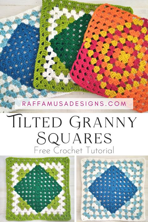 a collage of pictures showing the tilted diamond granny square crocheted in different yarn colors Things To Make With Crochet Granny Squares, Watermelon Granny Square Crochet, Regular Granny Square, Square Crochet Projects, Granny Square Variations, Granny Square Crochet Projects, Diamond Granny Square, Crochet Granny Square Pattern Free, Easy Granny Square Crochet