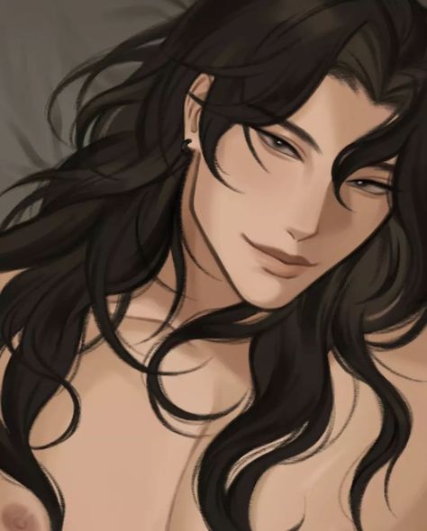 Guy Oc Art Long Hair, Long Curly Hair Drawing Reference Male, Male Long Hairstyles Drawing Reference, Brown Hair Reference, Guy With Long Black Hair Drawing, Rockstar Oc Male, Korean Oc Art, Guy With Long Hair Drawing, Hairstyle Concept Art