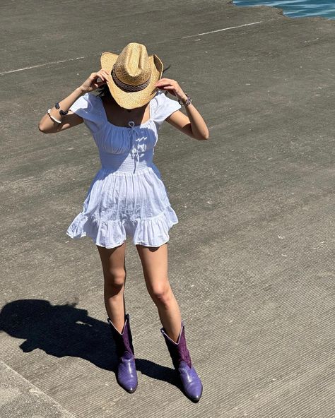 🤠 ootd • • • • • street style • cowboy boots • fit check • cowboy hats for female • outfit ideas • summer 2024 ootd • outfit inspiration • ootd • delulu • Purple Cowboy Boots Outfit, Female Outfit Ideas, Purple Cowboy Boots, 2024 Ootd, Outfit Cowgirl, Style Cowboy Boots, Cowboy Boots Outfit, Boots Fit, Outfit Ideas Summer