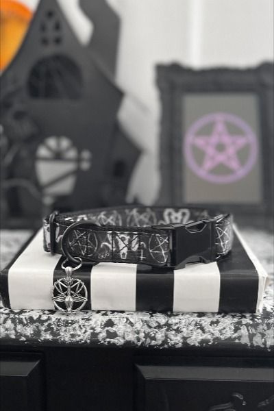 Baphomet canvas pattern collar. Handmade with black nylon and black metal hardware. Available in 3/8" 5/8" 1" or 1.5" widths. Standard and martingale collar styles available. Buckle laser engraving offered for fashion metal and plastic buckle options. Satanic Pentagram, Goth Shop, Pet Decor, Goat Skull, Devil Dogs, Cherry Hill, Martingale Collar, Collar Jewelry, Animal Decor