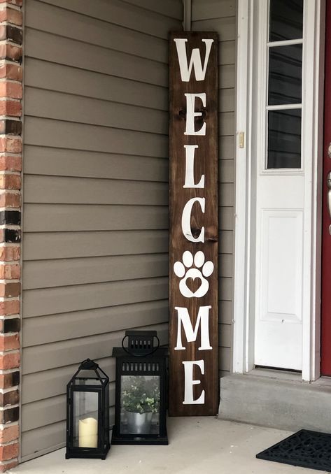 Welcome Sign With Paw Print, Wooden Welcome Signs Front Porches Diy, Paw Print Decorations, Holly Wedding, Wooden Porch, Wooden Welcome Signs, Front Porch Signs, Porch Welcome Sign, Puppy Paws