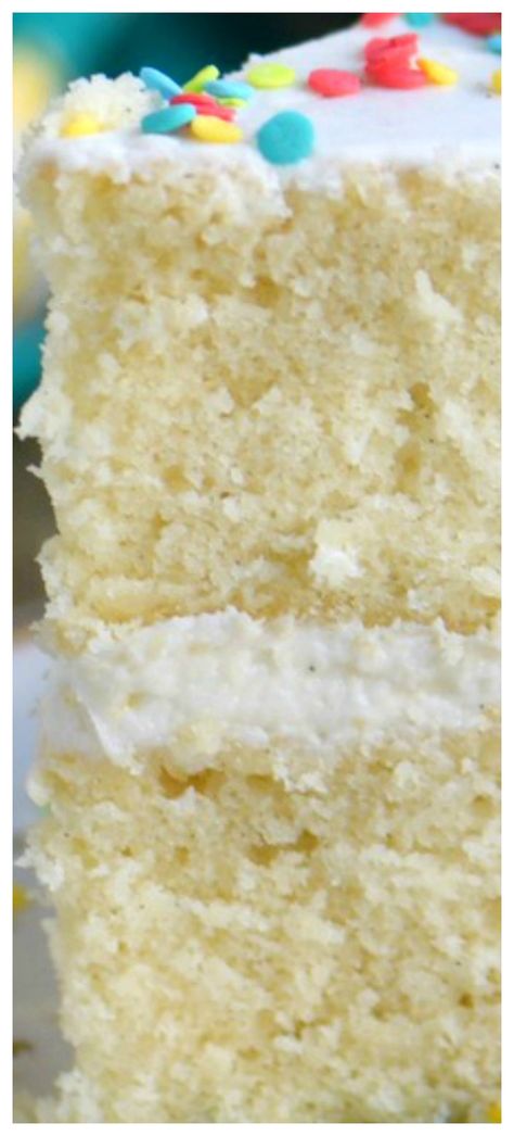 Very Vanilla Cake ~ Bursting with sweet vanilla flavor... Top with fresh fruit, sprinkles or white chocolate curls for a beautiful finish! Can be made dairy-free too! Non Dairy Vanilla Cake, Dairy Free White Cake Recipe, Dairy Free White Cake, Dairy Free Vanilla Cake, Eggless Vanilla Cake Recipe, Dairy Free Cupcakes, Eggless Cake Recipe, Dairy Free Cake, Eggless Cake