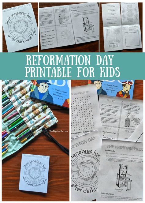 Have fun together learning about the Protestant Reformation with this simple reformation day activity! Make a little interactive book with this free printable to learn about the five solas of the reformation, the printing press, famous reformers, and more! The Five Solas, Reformation Sunday, Martin Luther Reformation, Five Solas, Pilgrim Life, Luther Rose, Reformation Day, 5 Solas, Childrens Sermons