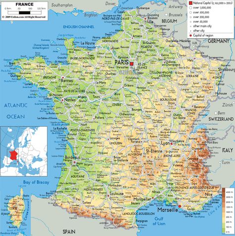 Physical Map of France - Ezilon Maps @michaelsusanno c South Of France Map, Camping France, Map Of France, Physical Map, Pictorial Maps, Camping Places, Visit France, France Map, Europe Map