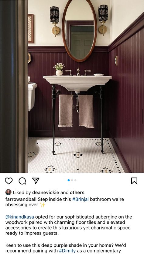 Maroon Bathroom, Burgundy Bathroom, Black And White Tiles Bathroom, Purple Bathrooms, Downstairs Loo, Downstairs Bathroom, Bathroom Inspiration Decor, Bathroom Renos, Black Bathroom